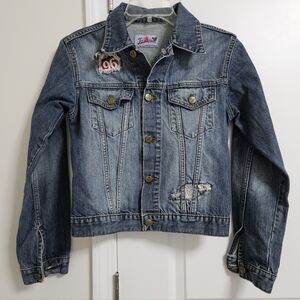 VINTAGE Joe Browns Distressed Patches Denim Jacket Size 10 Blue Y2K Retro EUC